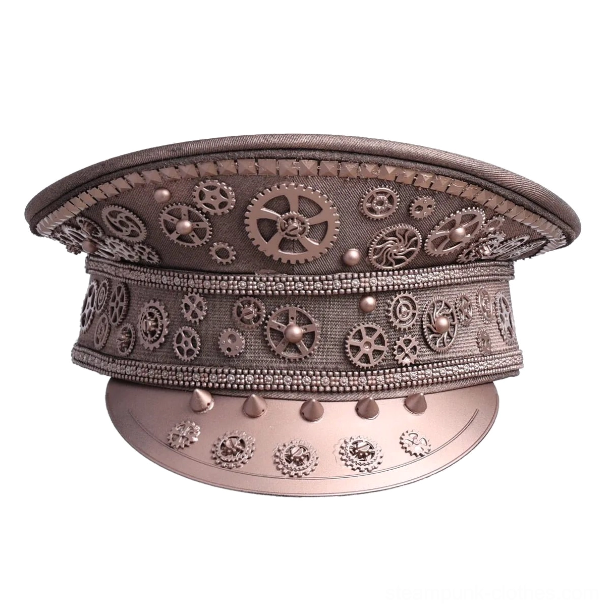 Steampunk aviator cap bronze finish with gear and stud accents, top-front three-quarter angle