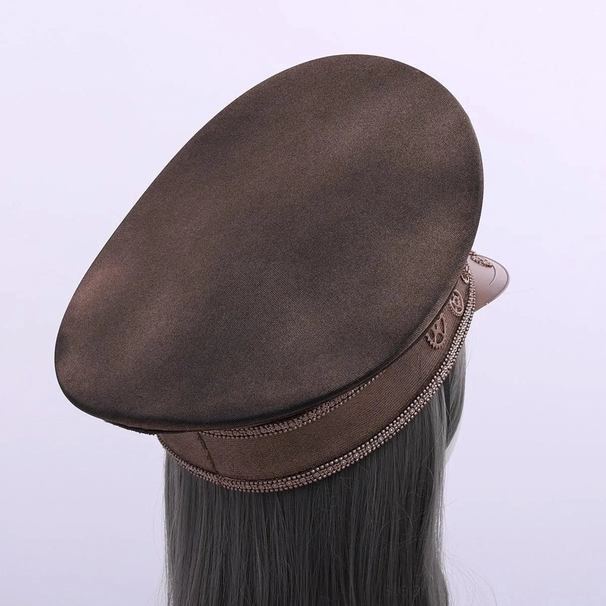 Steampunk aviator military officer cap rear view on mannequin showing plain crown