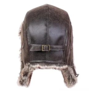 Steampunk aviator trapper hat rear view showing adjustable metal buckle and faux fur hem detail