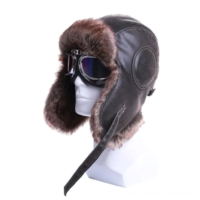 Steampunk aviator chapka hat with dark brown leather and blue tinted flight goggles, right three-quarter angle on mannequin