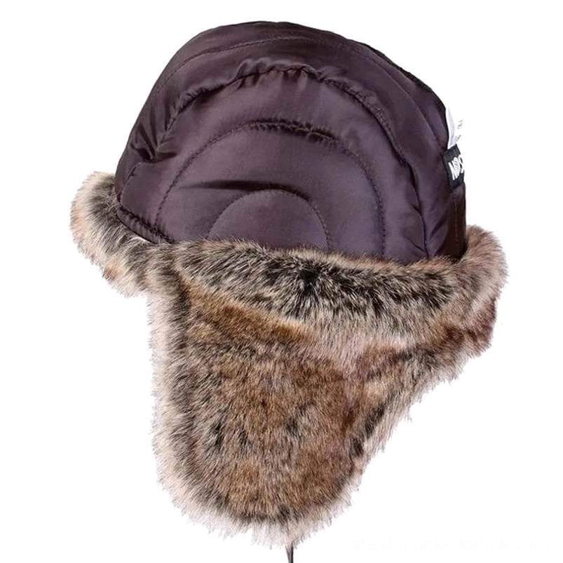 Quilted steampunk aviator trapper hat top rear view displaying thick brown faux fur trim and quilted fabric construction