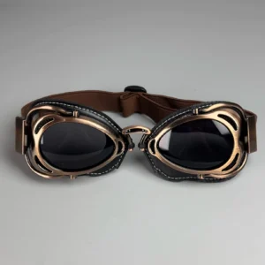 Steampunk aviator goggles with bronze metal frame and dark tinted lenses, front flat view showing vintage design