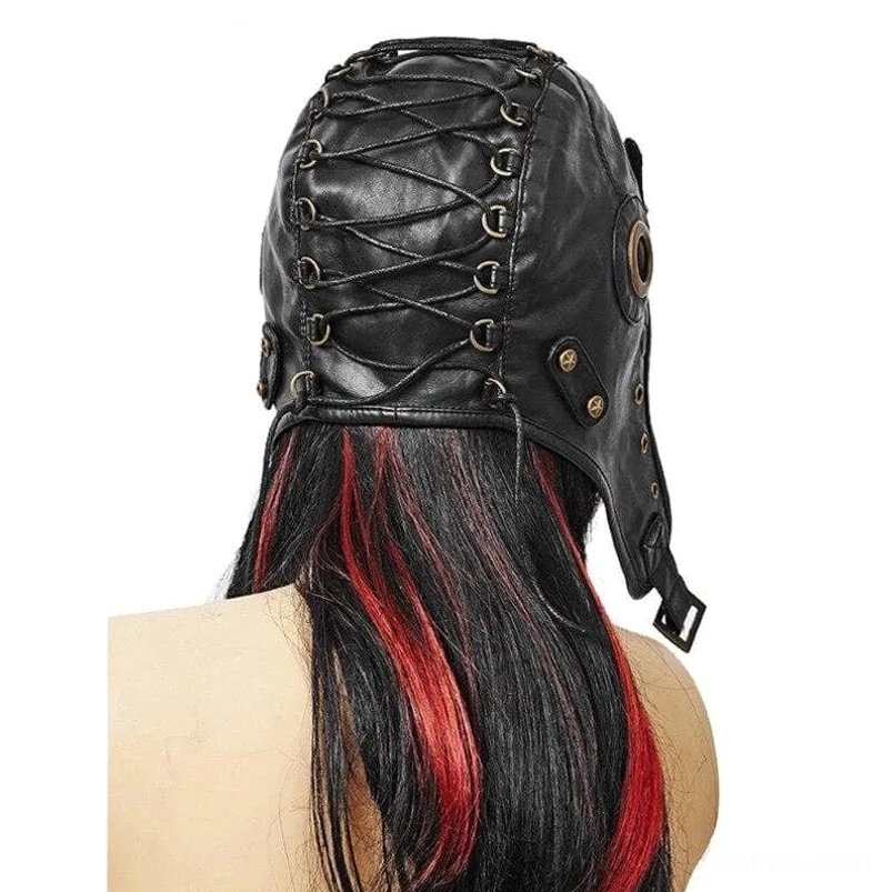 Rear back view of steampunk aviator hat showing lace-up back adjustable ear flap straps and metal hardware
