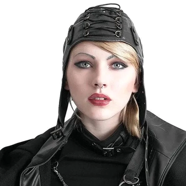 Close-up front view of black faux leather aviator steampunk hat showing crisscross lace details and ear flaps