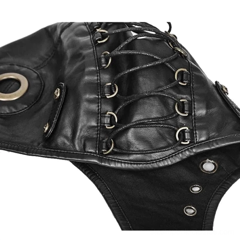 Detailed side view of steampunk aviator helmet showing brass metal eyelets, crisscross lace straps, and leather texture