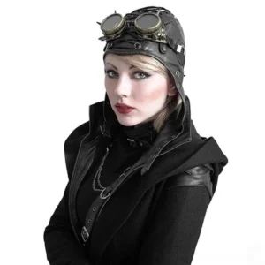 Steampunk aviator hat with bronze pilot goggles and brass eyelet lacing on female model front three-quarter angle