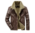 Black leather aviator steampunk jacket front view with tan shearling collar and marbled resin buttons