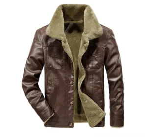 Black leather aviator steampunk jacket front view with tan shearling collar and marbled resin buttons