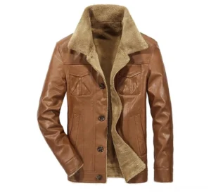 Tan brown faux leather aviator steampunk jacket with khaki shearling collar and fleece lining front view