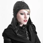 Black leather steampunk aviator hat with adjustable lace system worn by female model in three-quarter profile view