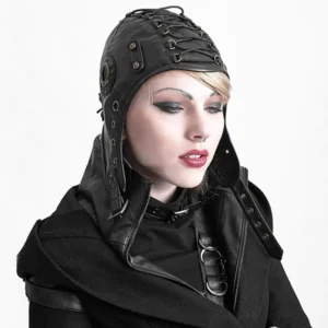 Black leather steampunk aviator hat with adjustable lace system worn by female model in three-quarter profile view
