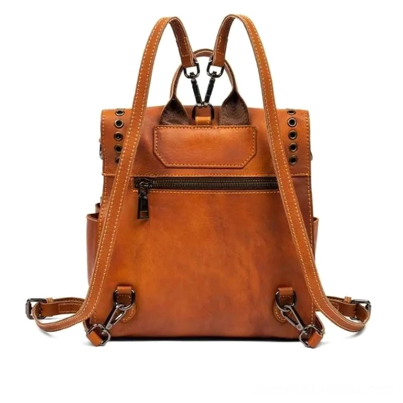 Steampunk leather backpack full front display showcasing front zipper pocket for secure storage, brass metal hardware buckles, dual adjustable shoulder straps, and authentic industrial design elements