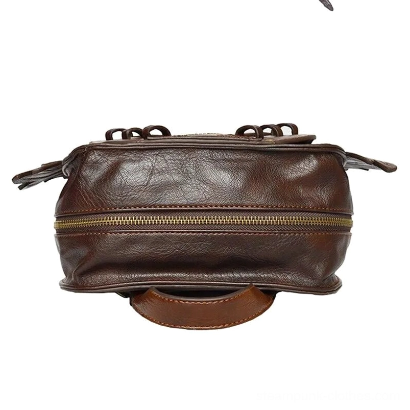 Vintage brown leather steampunk backpack top-down view highlighting main metal zipper, top carry handle, brass hardware, and smooth leather construction quality