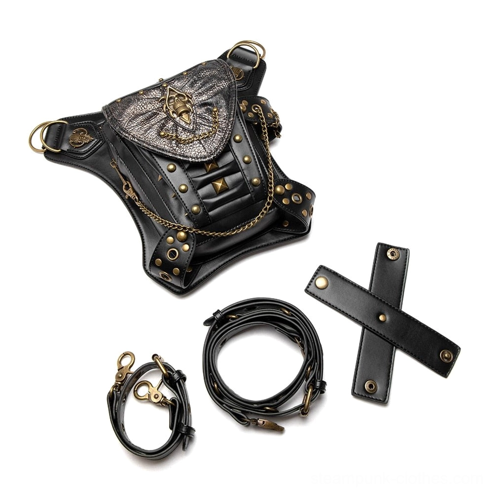 Steampunk bag components and interchangeable parts flat lay showing leather straps, bronze buckles, rivets and hardware pieces