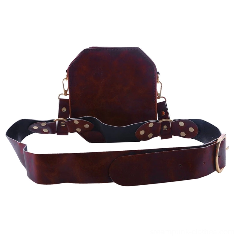 Steampunk thigh bag back display revealing brown leather construction, decorative metal stud accents, and multiple D-ring attachment points enabling versatile customization