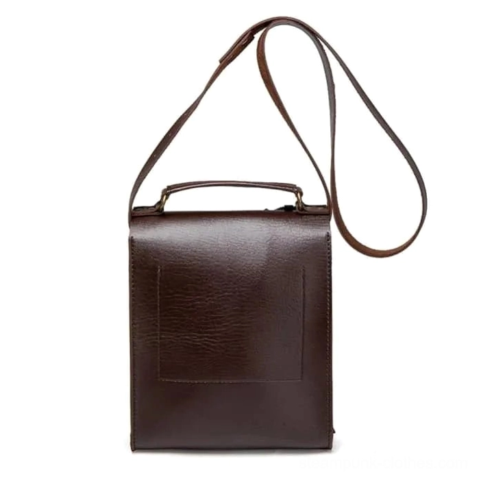 Steampunk leather bag back view featuring clean minimalist dark brown leather design, adjustable crossbody strap, and elegant top handle