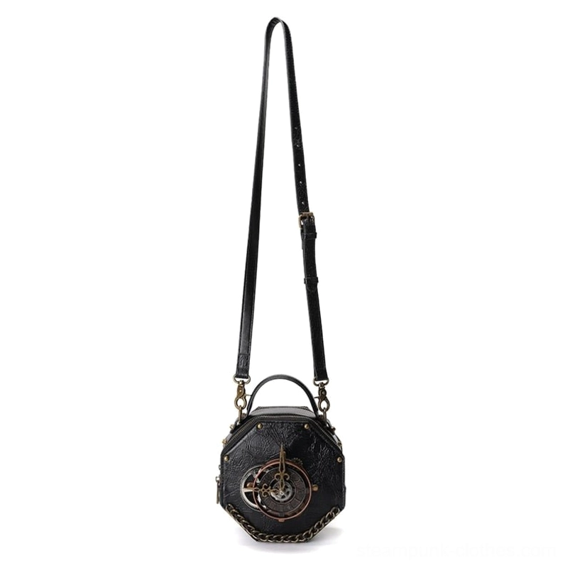 Small octagonal steampunk crossbody bag hanging display with full-length black leather shoulder strap, demonstrating carry length adjustment and compact proportions