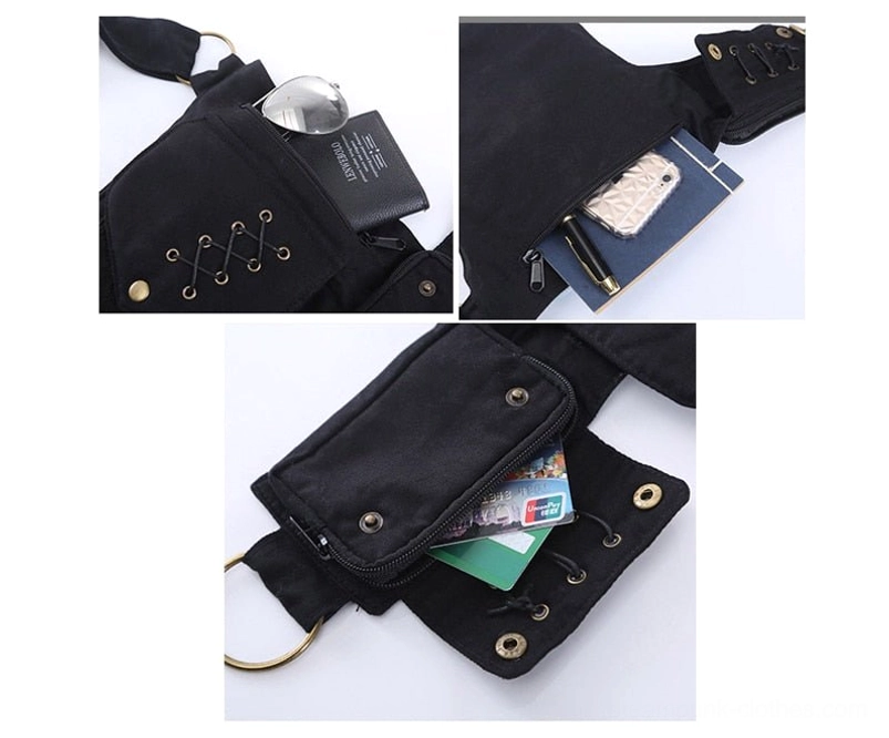 Steampunk canvas bag interior storage compartments showcasing daily essentials including smartphone, cards, and cosmetics organization