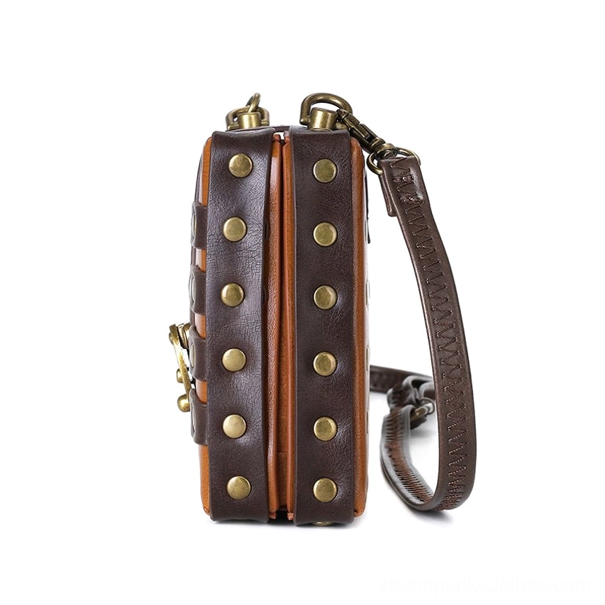 Side profile of antique brass rivet steampunk bag with smartphone size reference showing compact proportions, structured thickness, and front design details