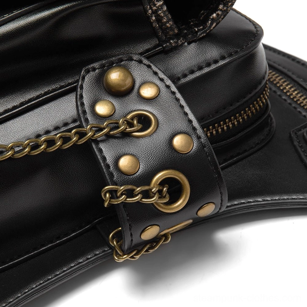 Macro close-up detail of steampunk bag strap hardware showing black leather, bronze rivets, D-ring attachments and zipper mechanisms