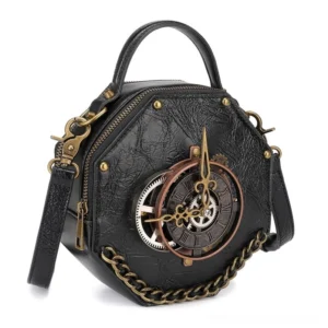 Steampunk octagonal crossbody bag three-quarter angle view displaying dual brass hardware fittings, top carry handle configuration, and authentic distressed leather construction