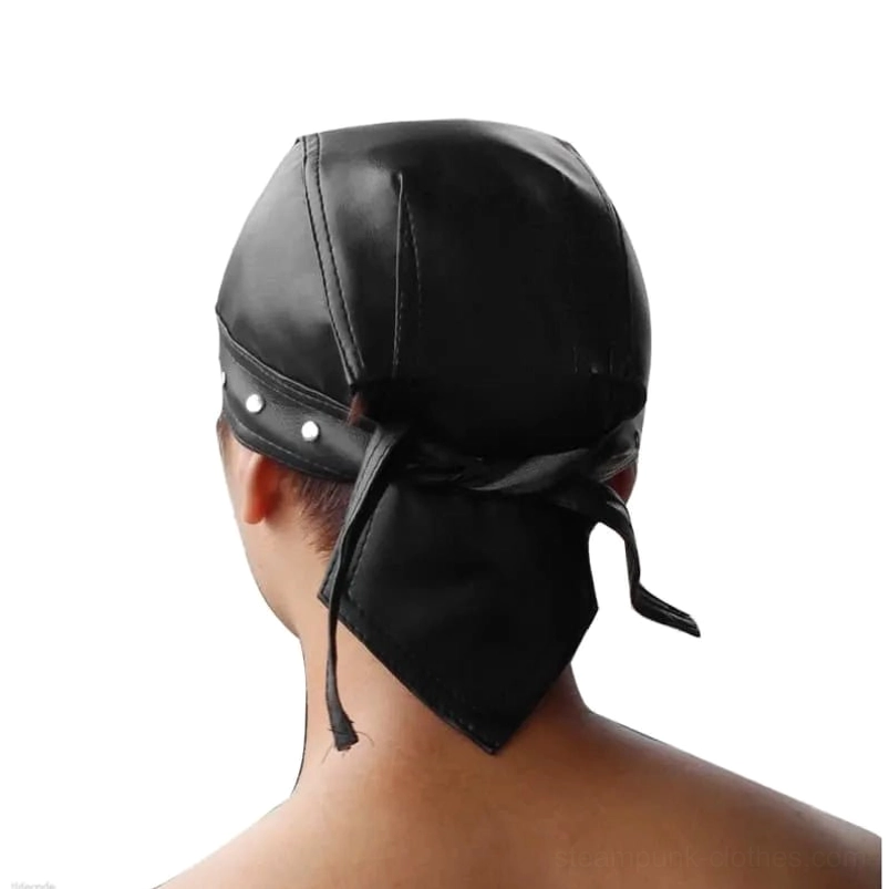 Black leather steampunk bandana hat rear view on model showing back tie closure and rivet construction