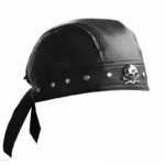 Black steampunk leather bandana hat front view with metal rivets and skull badge decoration