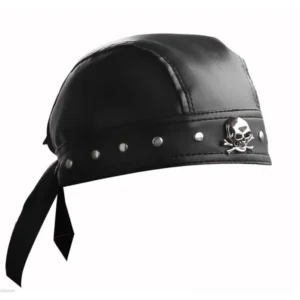 Black steampunk leather bandana hat front view with metal rivets and skull badge decoration