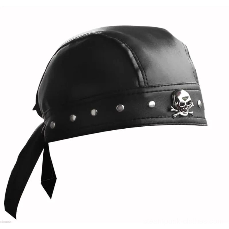 Black steampunk leather bandana hat front view with metal rivets and skull badge decoration