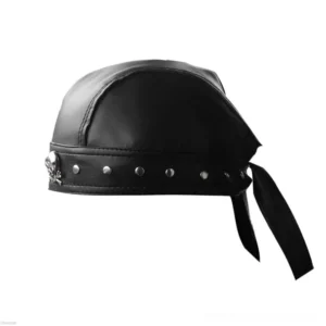 Steampunk bandana hat side angle showing adjustable tie straps and industrial metal rivet details