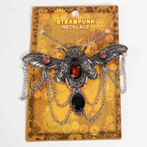 Steampunk beetle necklace packaged in branded retail presentation with silver chain and amber gemstone centerpiece