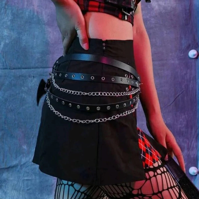 Industrial gothic steampunk chain belt featuring linked metal chains and rivet details captured from rear perspective, showcasing multi-layer construction and mechanical aesthetic