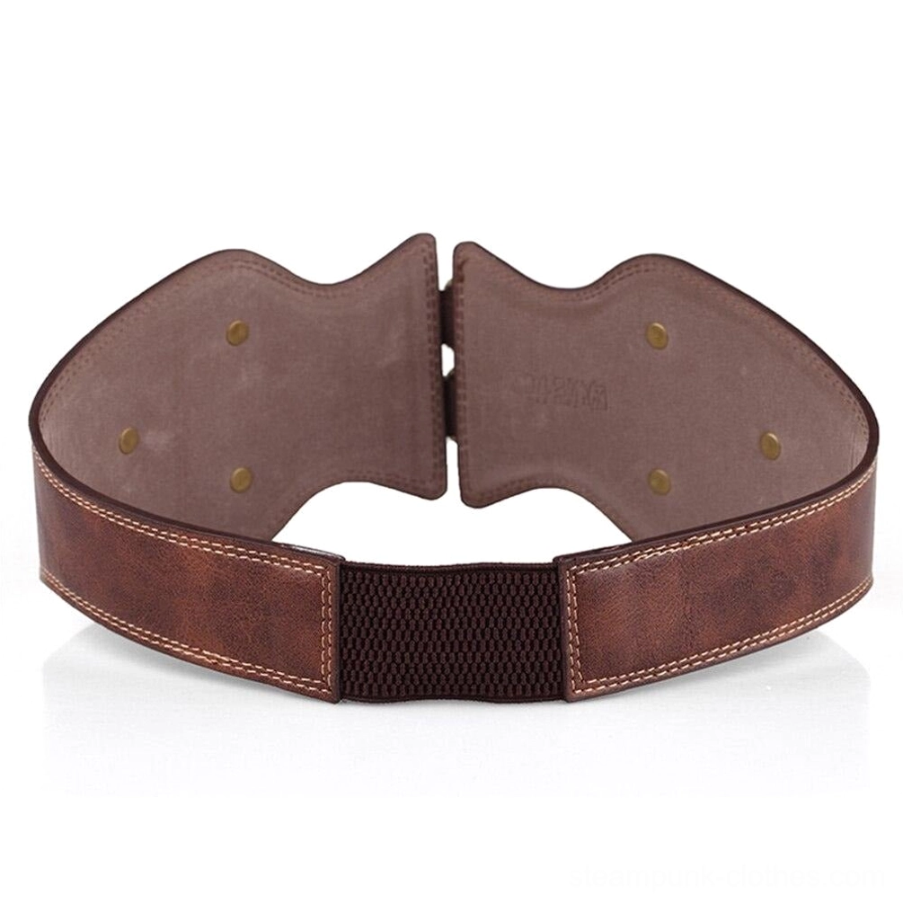 Steampunk corset belt back panel view showing woven elastic middle section, brown faux leather side panels, rivet hole placement, and overall belt structure on flat white background