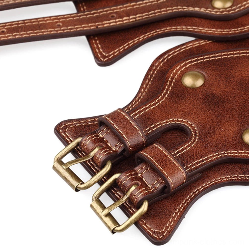 Steampunk belt antique bronze buckle fastener close-up showing dual buckles, metal rivet details, aged patina finish, and distressed leather texture, angled macro detail shot