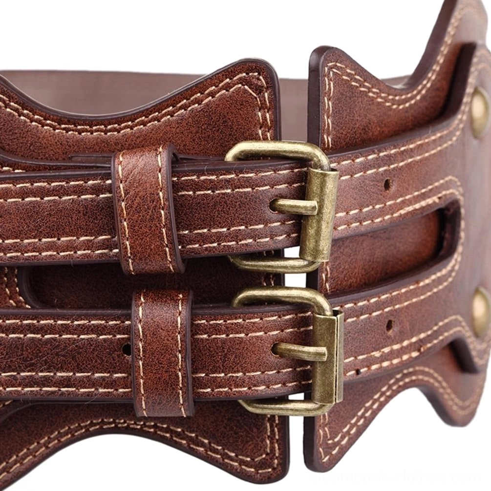 Close-up detail of steampunk belt dual antique bronze buckles, decorative metal rivets, double leather strap construction, and reinforced stitching, showcasing industrial hardware craftsmanship