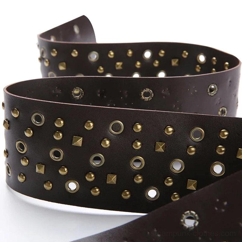 Detailed close-up flat lay of steampunk corset belt emphasizing metal stud and grommet craftsmanship, bronze tone brass hardware texture, and leather material quality