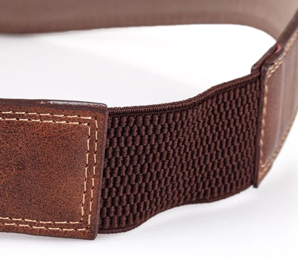 Steampunk belt elastic band connection detail showing woven elastic woven with brown leather trim, reinforced stitching edges, and flexibility integration for adaptive waist fit