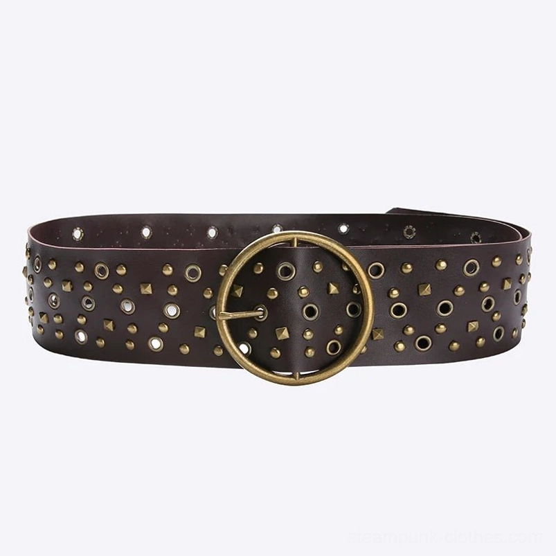 Full steampunk wide waist belt flat lay display on white background, front view showing round brass buckle and all-over metal stud and grommet decoration pattern