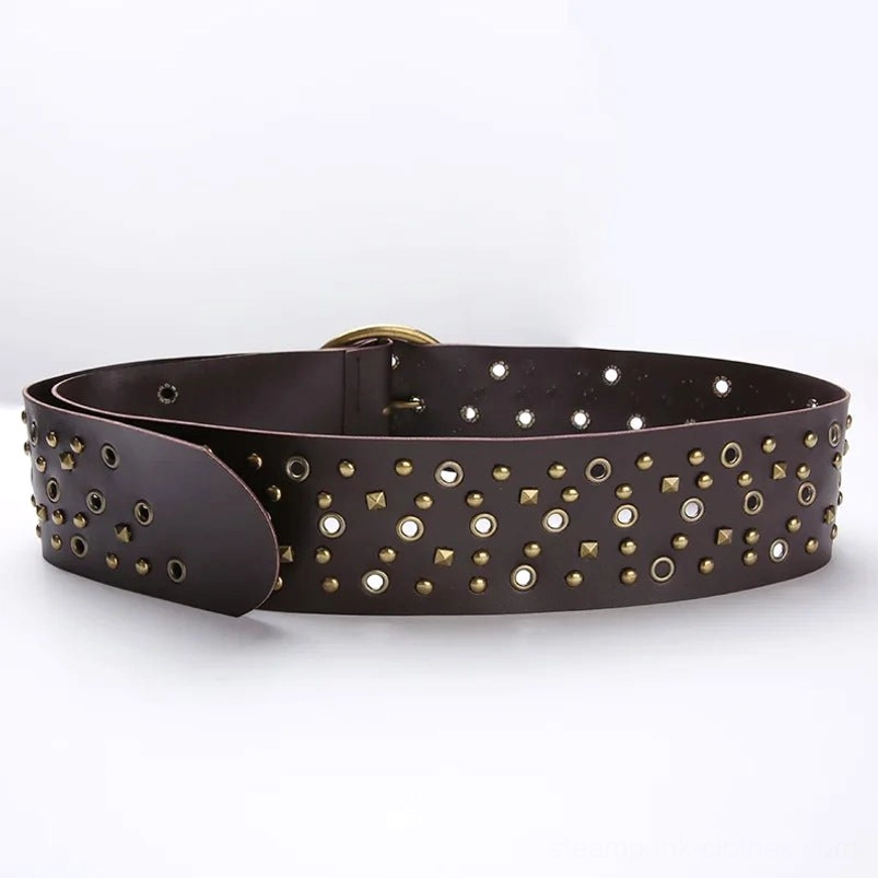 Side flat lay view of steampunk wide waist belt on white background, showing adjustable back strap, buckle mechanism, and matte dark brown faux leather finish