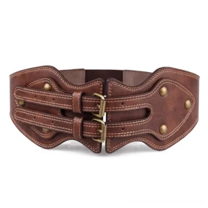 Steampunk wide waist belt flat lay front view on white background, featuring dual antique bronze buckles, contrast stitching detail, shaped leather panels, and rivet accents, complete belt display