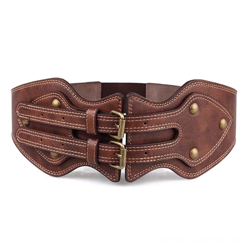 Steampunk wide waist belt flat lay front view on white background, featuring dual antique bronze buckles, contrast stitching detail, shaped leather panels, and rivet accents, complete belt display