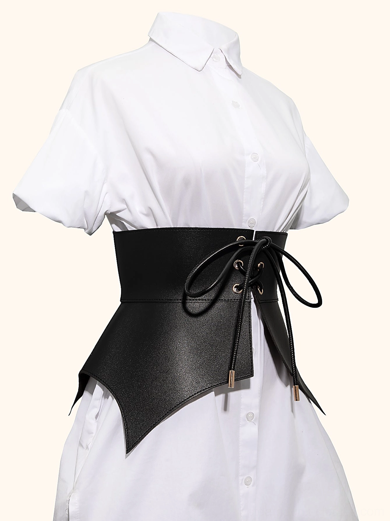 Black steampunk corset belt side lace-up closure detail with gold cord aglets and metal eyelets, bat-wing side panels on white shirt dress