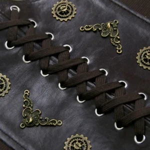Close-up detail shot of steampunk belt lace-up front showing precise crisscross pattern, metal eyelets, aged bronze gear decorations, and ornamental filigree accents on textured faux leather
