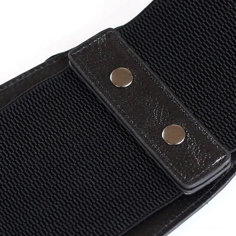 Steampunk corset belt closure strap detail showcasing elastic fabric construction, metal snap buttons, faux leather trim, and hardware mechanisms, side close-up view emphasizing craftsmanship