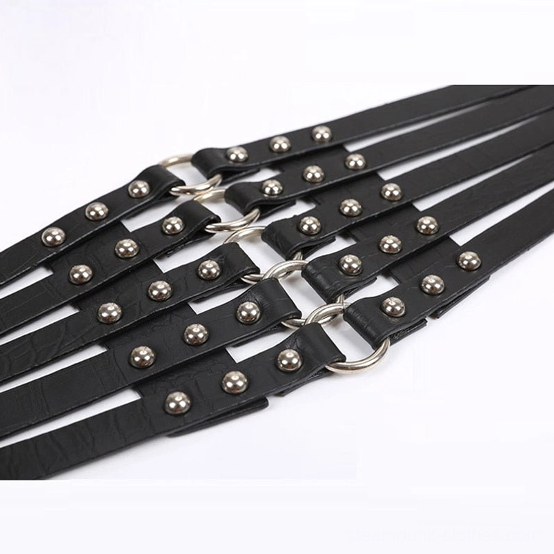 Unfastened black steampunk waist belt showing faux leather straps with silver rivets and O-ring connectors in detailed perspective, revealing internal elastic band construction