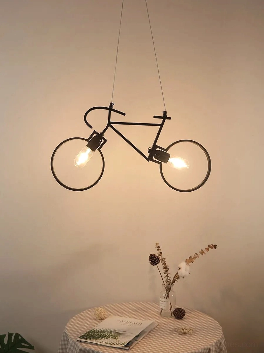 Industrial bicycle steampunk lamp installed in cozy home dining room with warm ambient lighting and Nordic decor