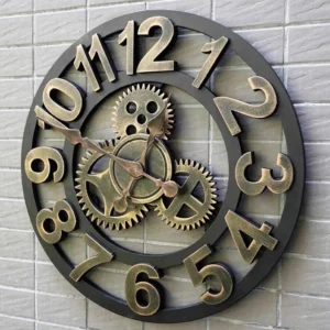 Steampunk wall clock with Big Ben design, vintage bronze-gold finish, 3D Arabic numerals, displayed on gray brick wall, hollow industrial frame design