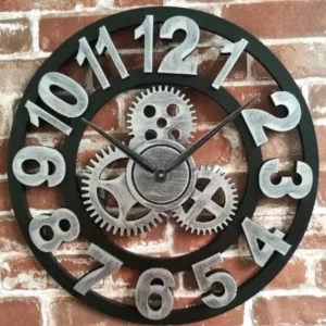 Industrial steampunk Big Ben wall clock in silver-gray metallic finish, 3D numerals, open frame construction on red brick backdrop, modern steampunk style