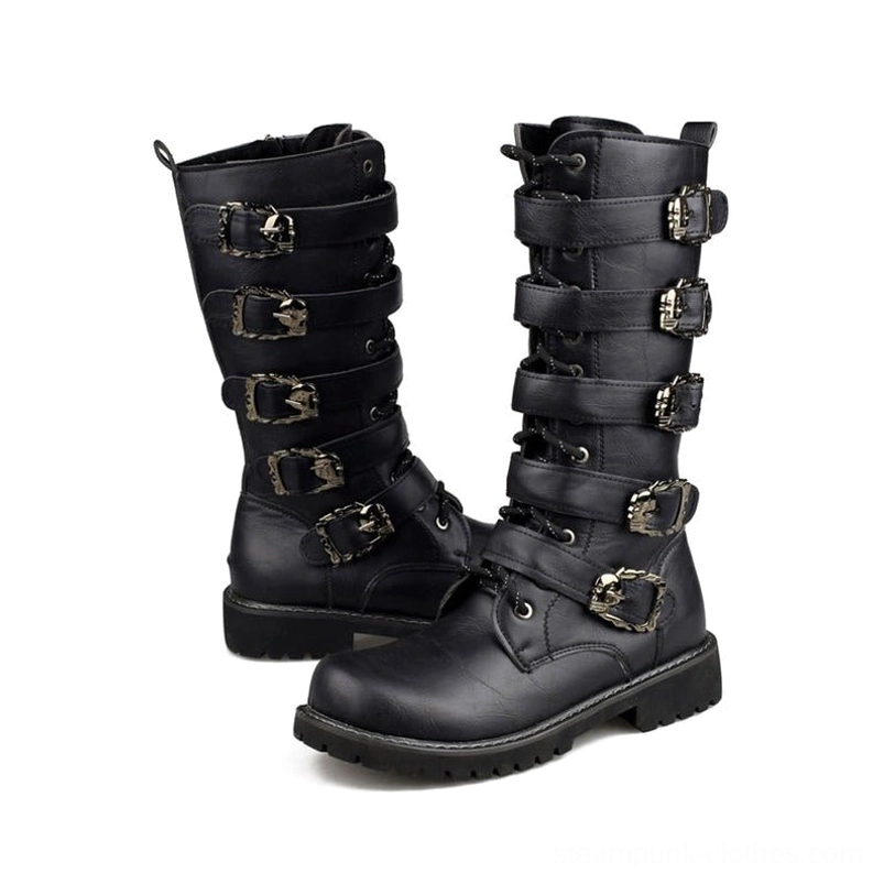 Steampunk biker boots low front three-quarter angle showing black leather, multiple metal buckles, lace-up closure system, and chunky industrial rubber sole