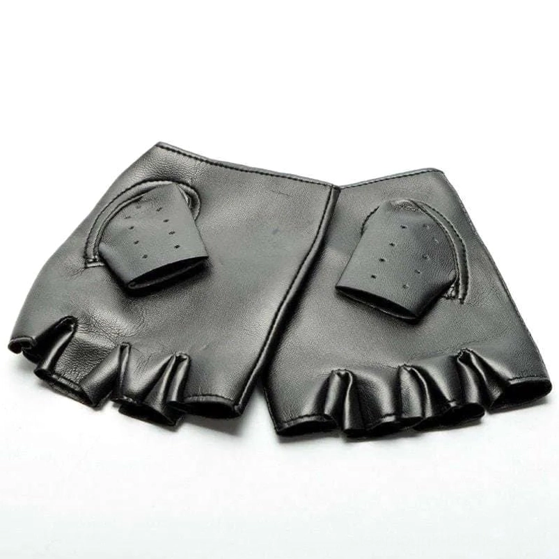 Pair of black fingerless biker gloves with padded palm and ruffled finger edges on white background